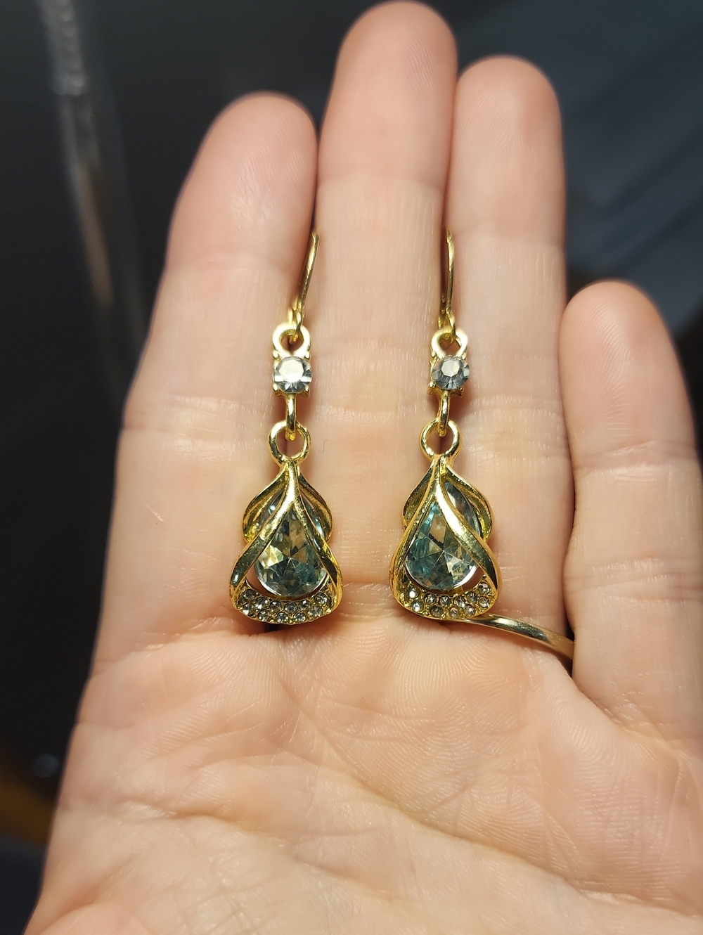 Elegant Blue Teardrop Dangle Earrings With Rhinestones On Gold. FIRM PRICE